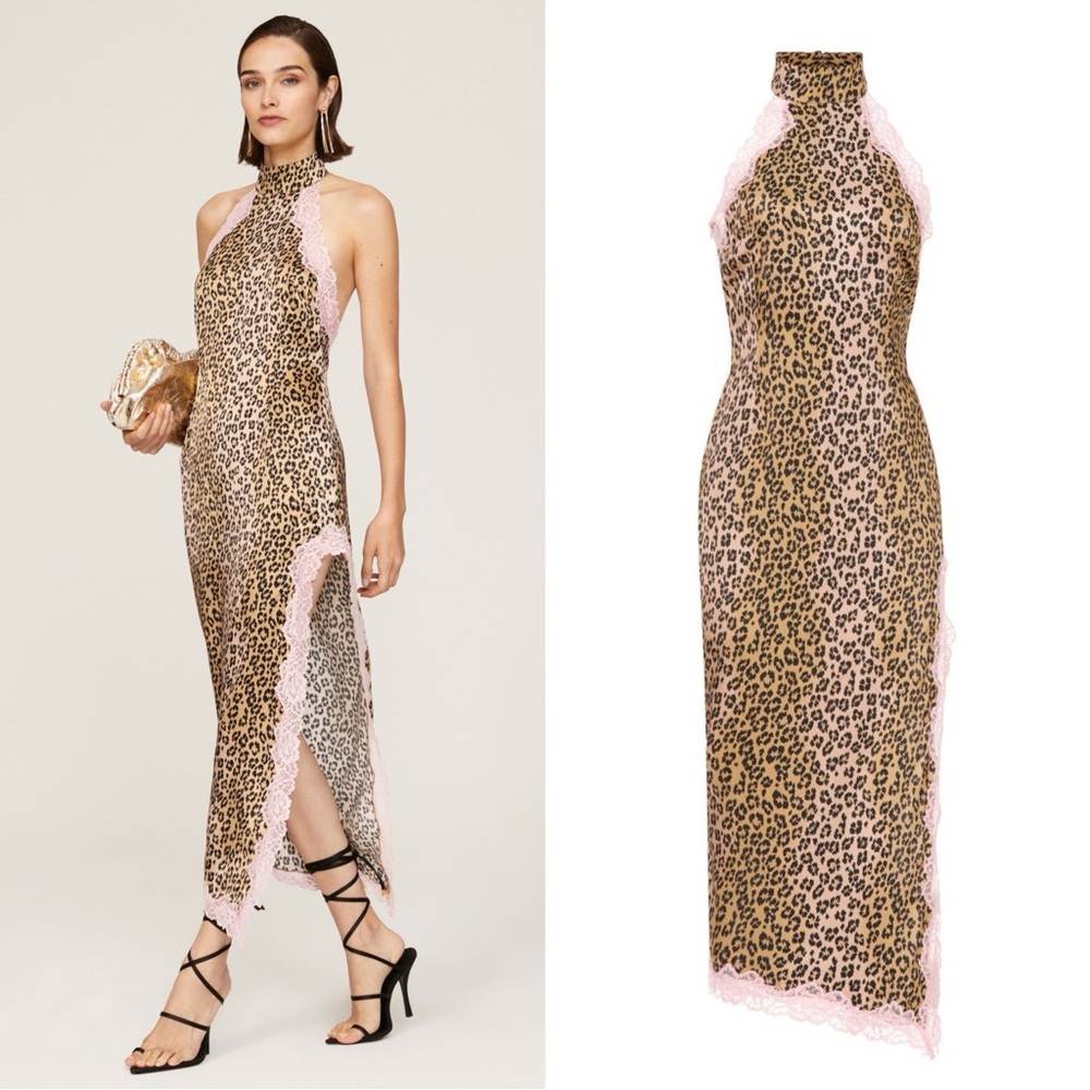 De La Vali Fuego Lace Midi Silk Dress Size 6 Leopard Pink